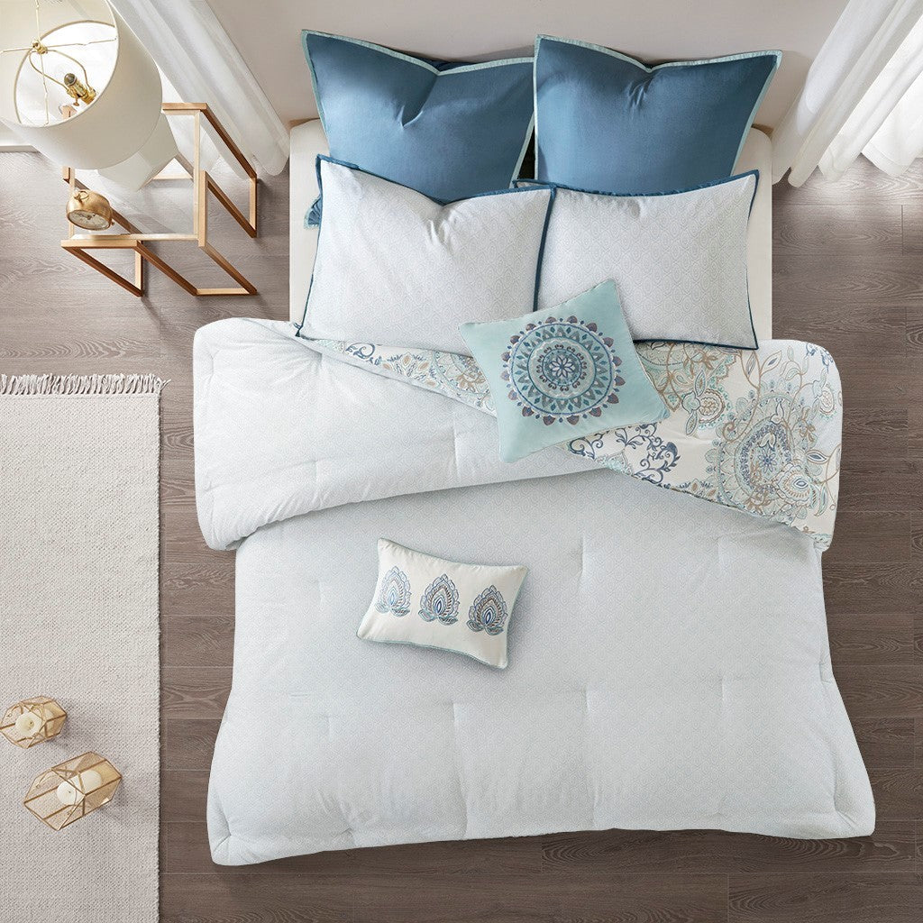 8 Piece Cotton Floral Reversible Comforter Set Blue HouseOfZazla bed with teal pillows on Tampa Home & Garden Store