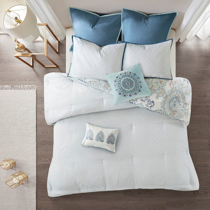 8 Piece Cotton Floral Reversible Comforter Set Blue HouseOfZazla bed with teal pillows on Tampa Home & Garden Store