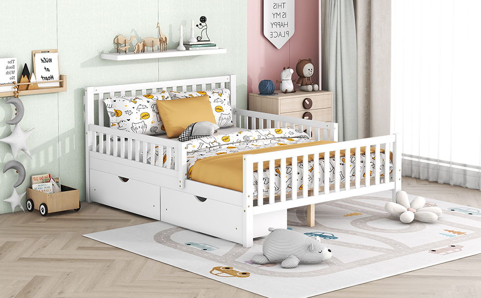 White wooden platform bed with dual guardrails and two drawers, HouseOfZazla on Tampa Home & Garden Store