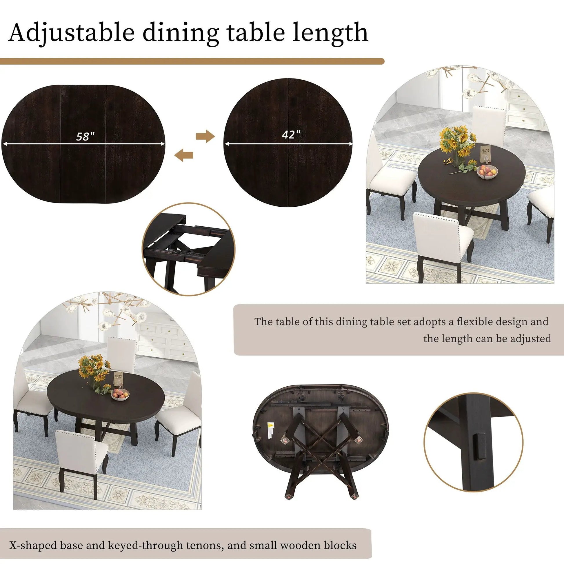 Gia round extendable dining table with 16in leaf in dark wood finish, shown with chairs on Tampa Home & Garden Store
