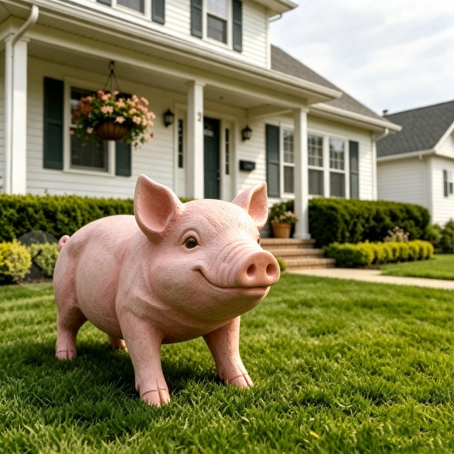 Cheerful Beige Pig Garden Statue by HouseOfZazla, shown in front yard with a white siding house on Tampa Home & Garden Store