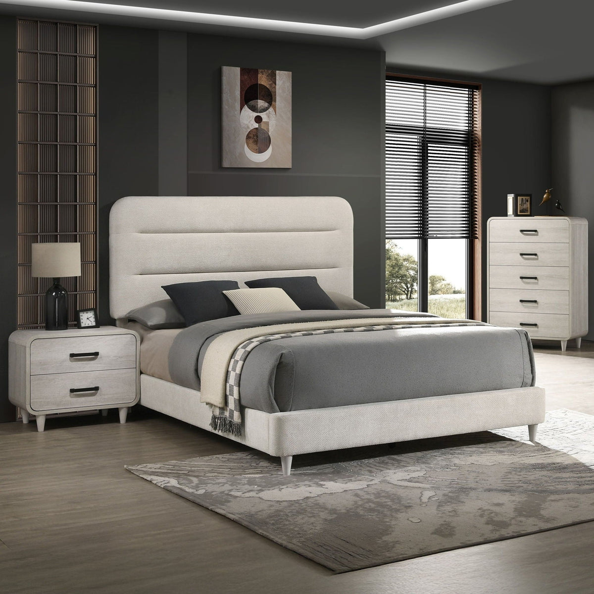 Upholstered Panel Bed Sleek Lines by HouseOfZazla in gray fabric with padded headboard on Tampa Home & Garden Store