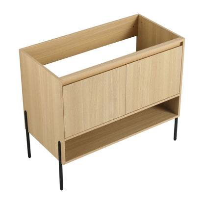 Freestanding oak bathroom vanity with cabinet doors and open shelf on black metal legs on Tampa Home & Garden Store