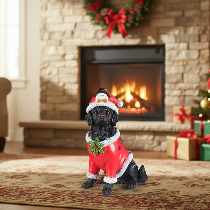 Christmas dog statue by HouseOfZazla in red Santa suit with white fur trim, holly, and gold bow on Tampa Home & Garden Store