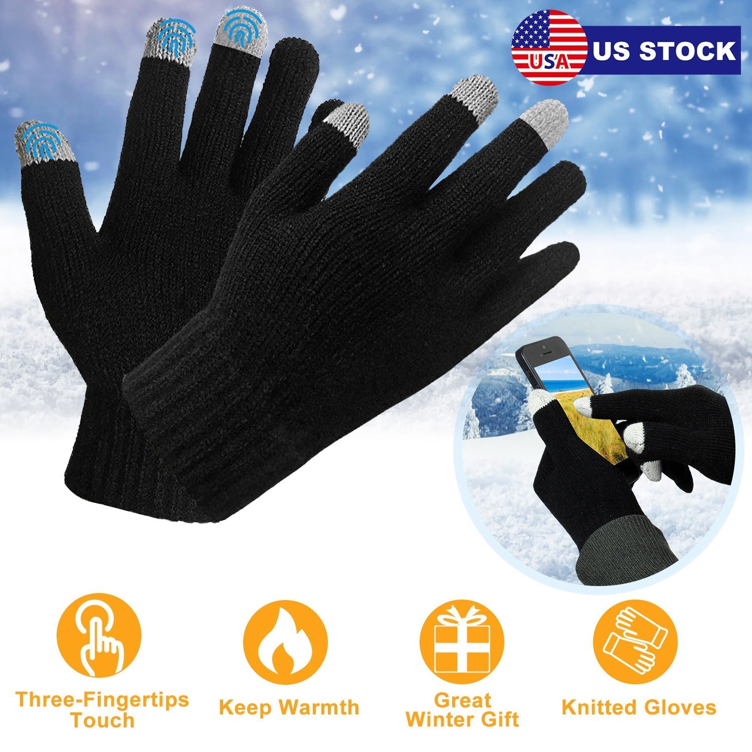 GemGear unisex touch screen gloves pair black knitted with gray touchscreen fingertips on Tampa Home & Garden Store