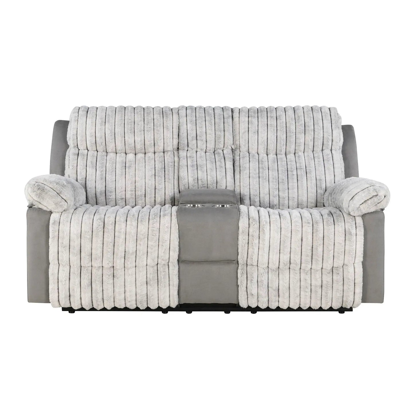 Bruni console reclining loveseat with manual recline in faux fur fabric, cup-holder console on Tampa Home & Garden Store