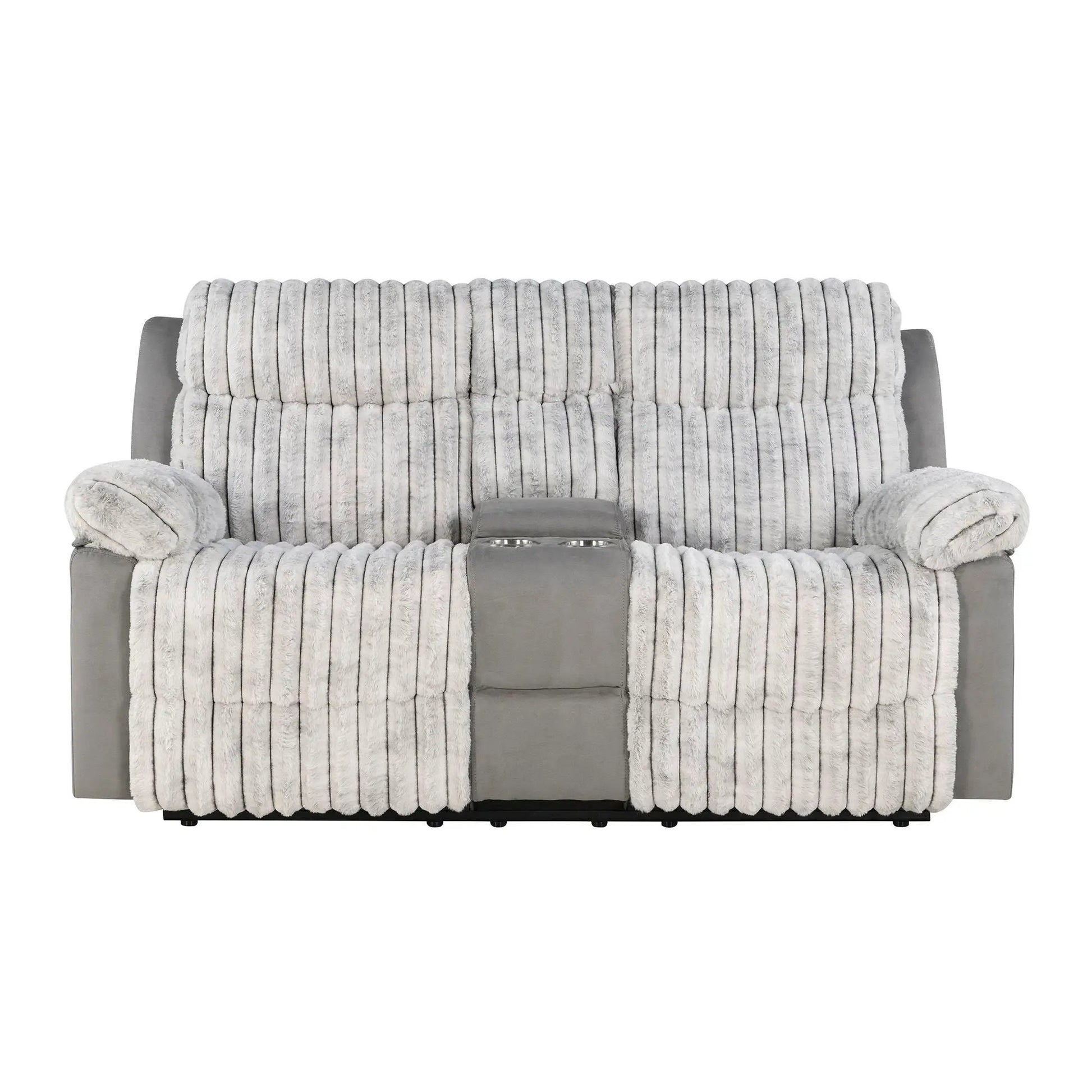 Bruni console reclining loveseat with manual recline in faux fur fabric, cup-holder console on Tampa Home & Garden Store