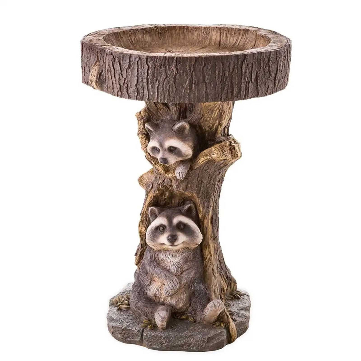 Raccoon resin garden birdbath ornament on a textured tree trunk pedestal on Tampa Home & Garden Store