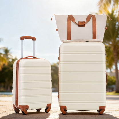 HouseOfZazla hard shell luggage set 2 pieces, 20in & 28in cream cases with tan accents, tote bag on Tampa Home & Garden Store