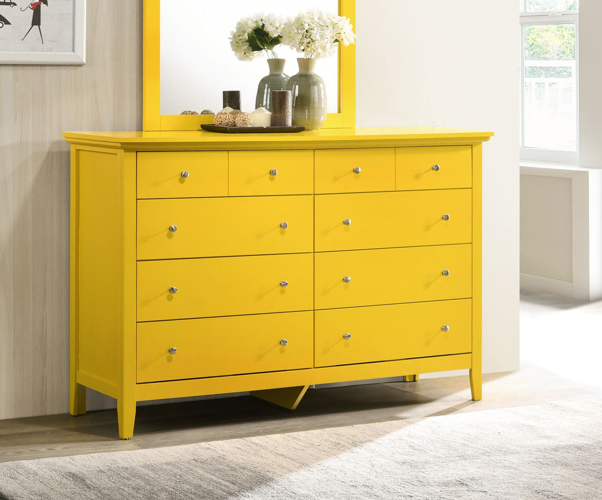 Yellow dresser by HouseOfZazla with matching mirror and ample drawers topped with vases on Tampa Home & Garden Store