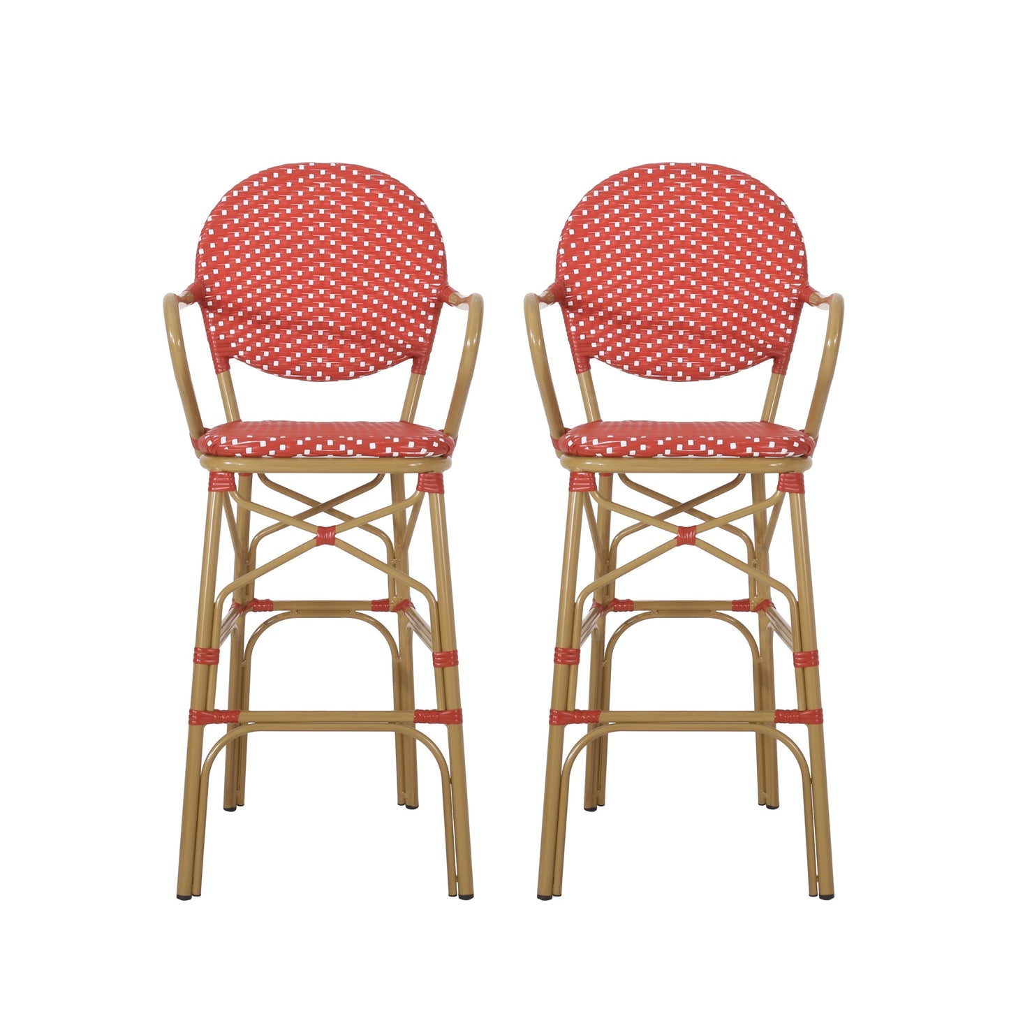 Outdoor wicker and aluminum French bar stools, set of 2, red woven seats HouseOfZazla on Tampa Home & Garden Store