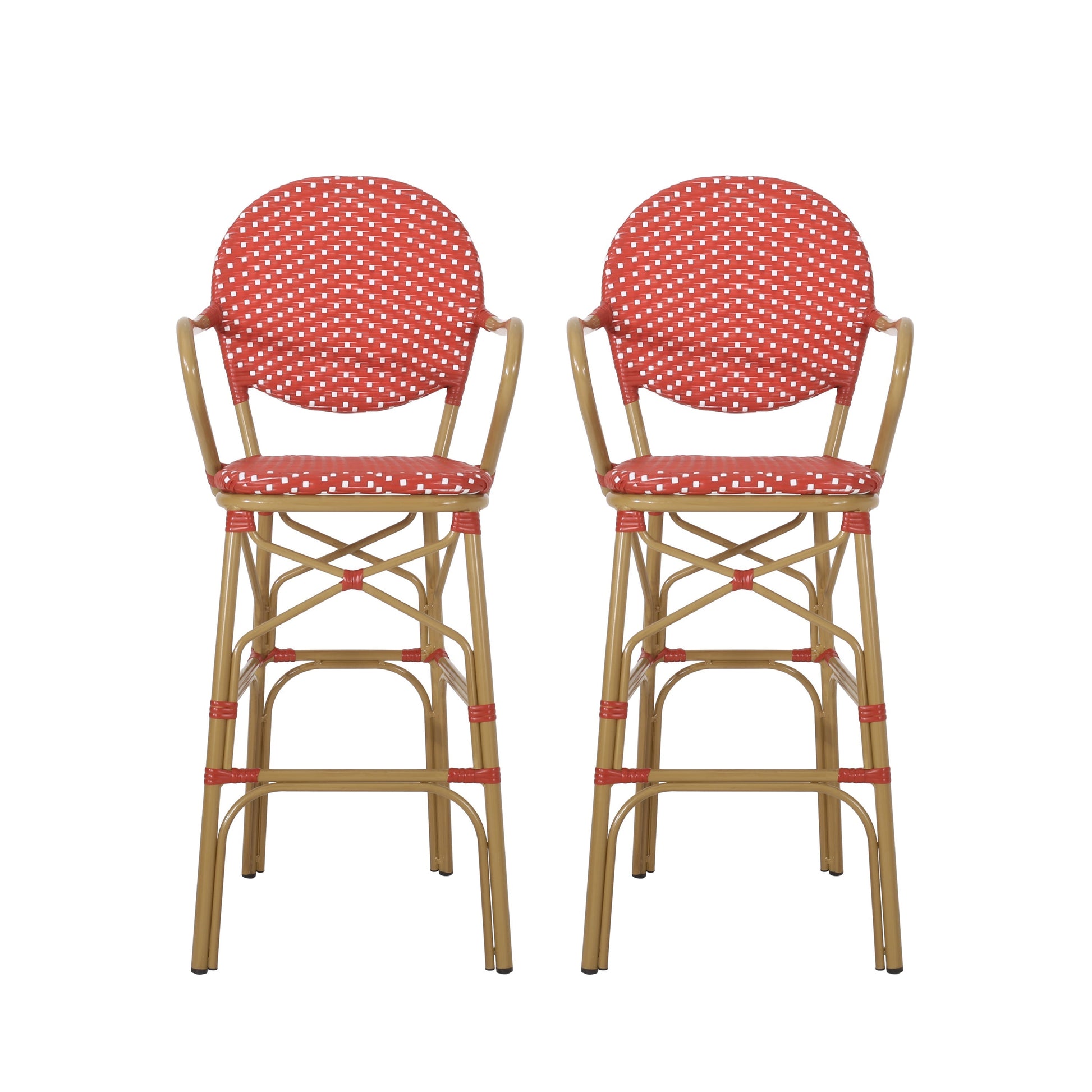 Outdoor wicker and aluminum French bar stools, set of 2, red woven seats HouseOfZazla on Tampa Home & Garden Store