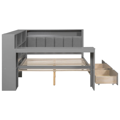 Platform bed with gray upholstered headboard, built-in storage shelves and drawers on Tampa Home & Garden Store