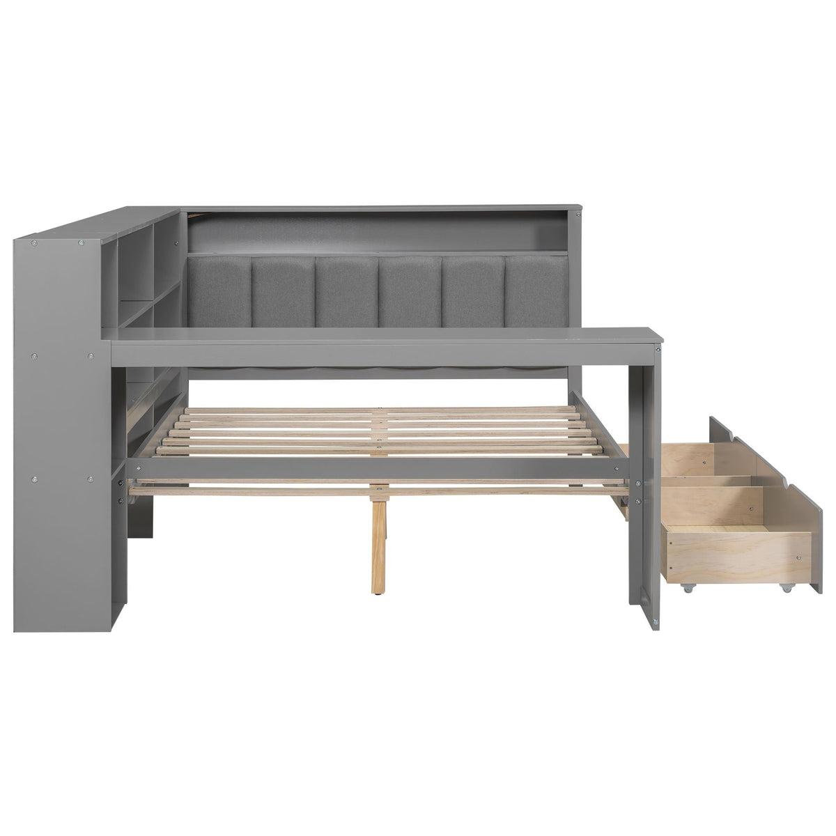 Platform bed with gray metal frame, built-in storage shelves and drawers, HouseOfZazla on Tampa Home & Garden Store