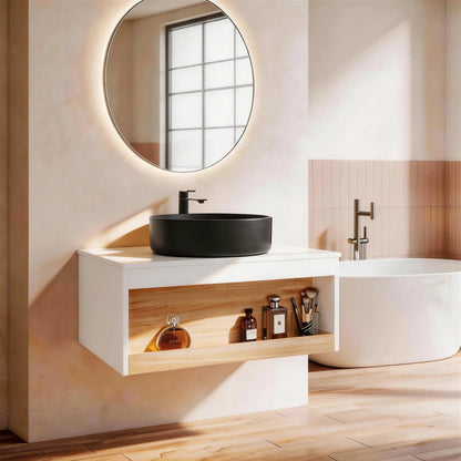 Floating bathroom vanity with black round vessel sink on white cabinet with wood drawer front on Tampa Home & Garden Store