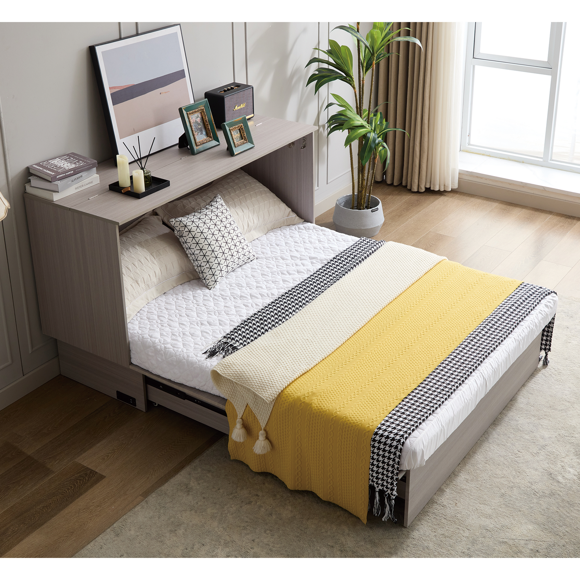 Cabinet bed with storage and foam mattress by HouseOfZazla in light gray wood on Tampa Home & Garden Store