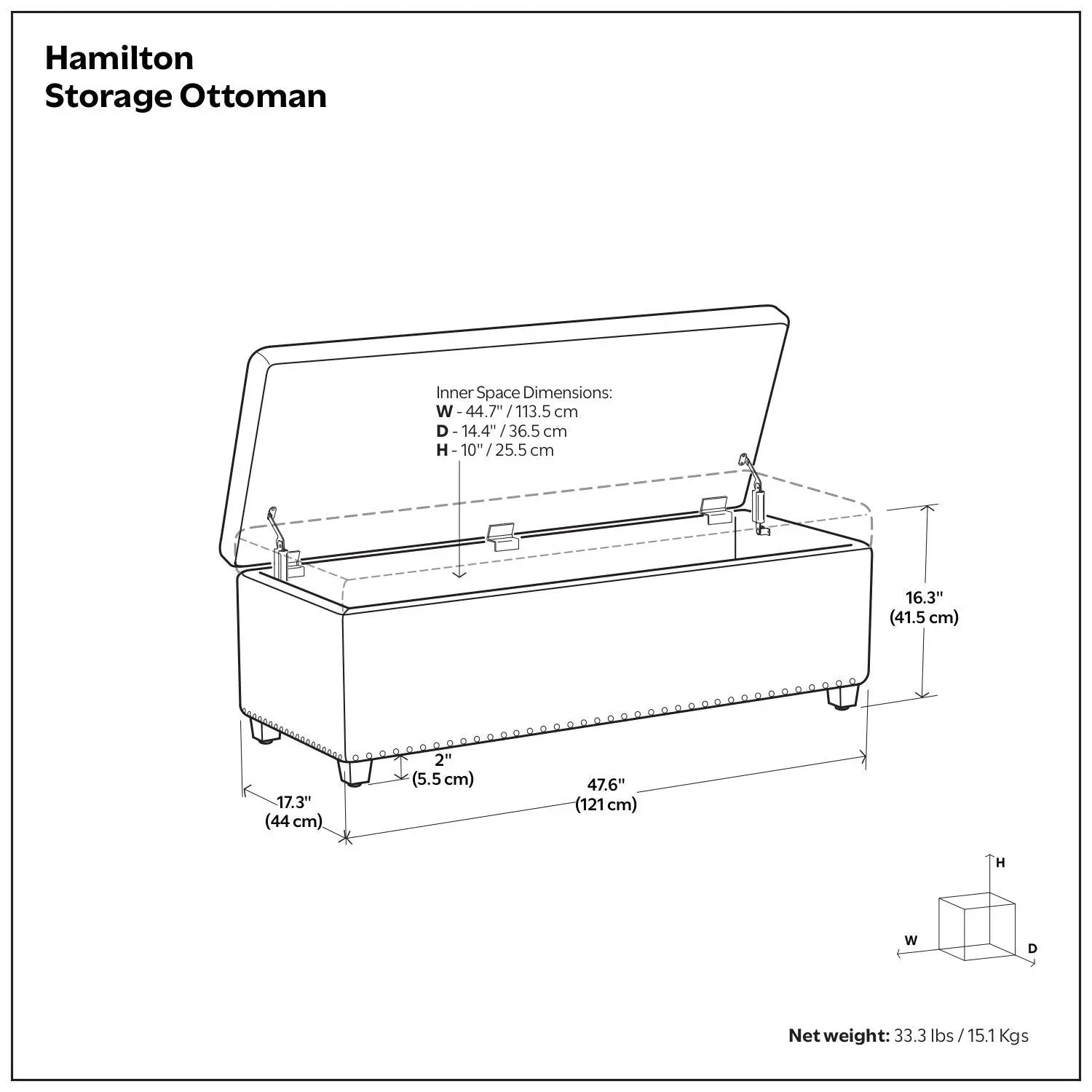 Hamilton Upholstered Storage Ottoman dimensional schematic with hinged lid and inner storage on Tampa Home & Garden Store