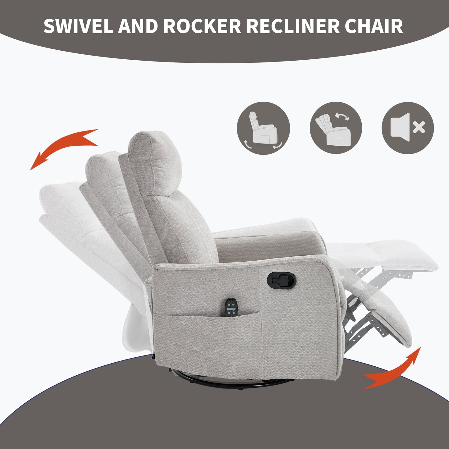 Comfortmax Swivel and Rocking Recliner in gray fabric with remote pocket on Tampa Home & Garden Store