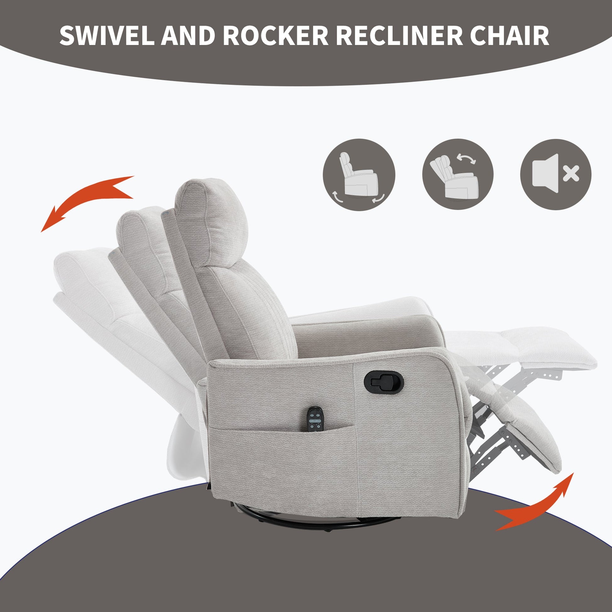 Comfortmax Swivel and Rocking Recliner in gray fabric with remote pocket on Tampa Home & Garden Store