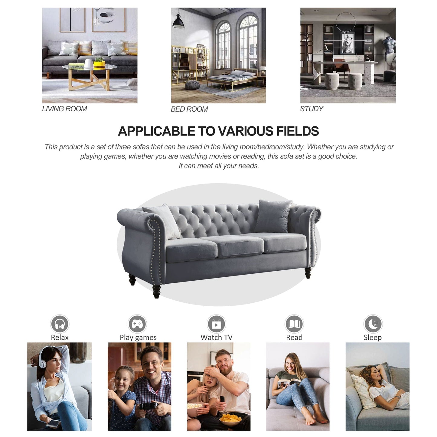 Chesterfield Sofa With Nailhead Trim and Cushions