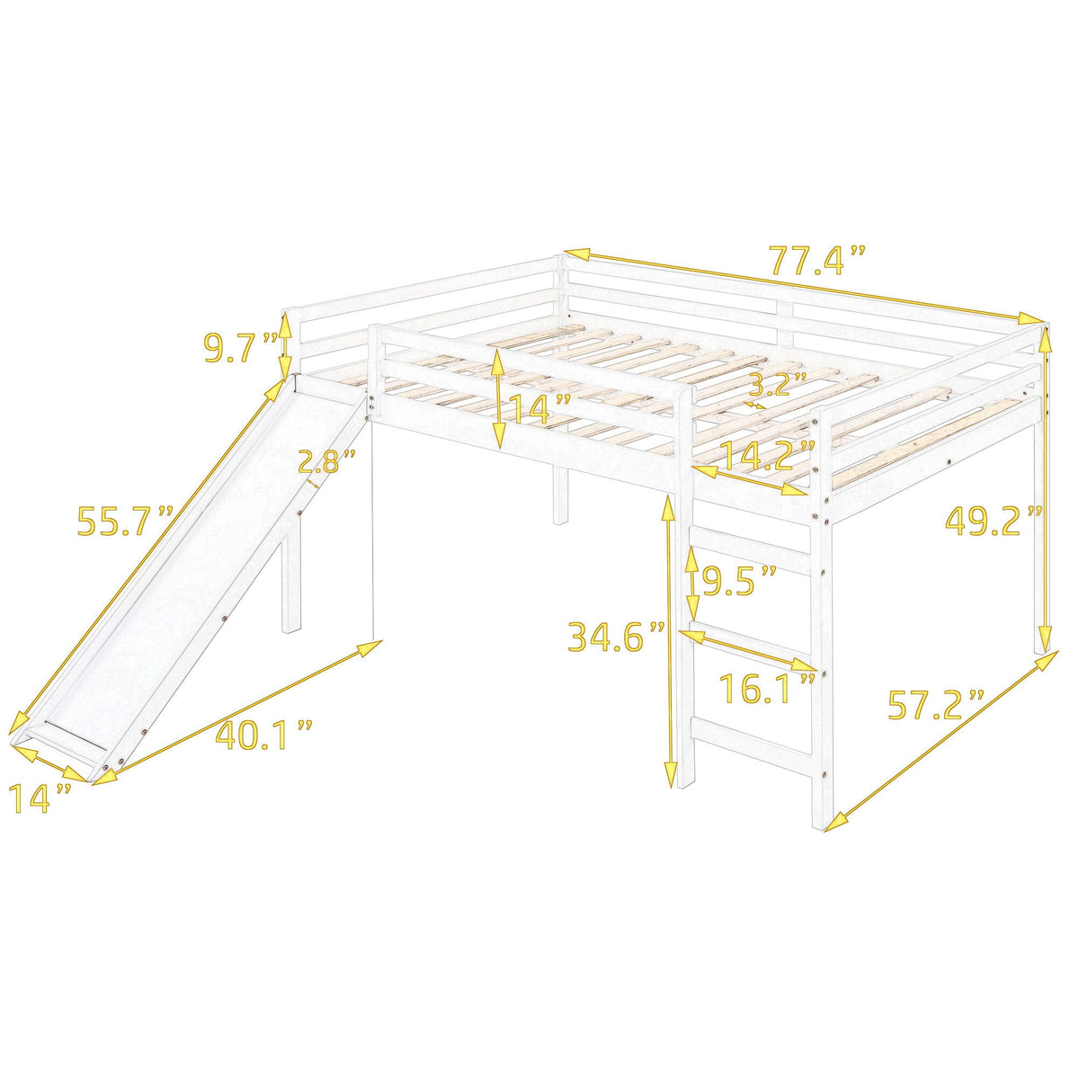 White Solid Wood Full Size Loft Bed and Slide