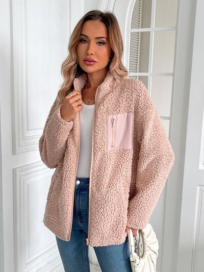 Stevvex light pink fuzzy sherpa zip-up jacket with chest pocket long sleeve on Tampa Home & Garden Store