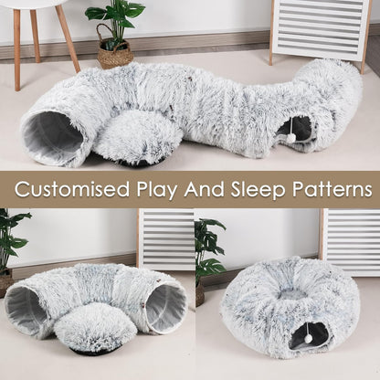 Cat tunnel bed in grey fluffy plush with soft tunnel and peekaboo openings by Sell My Stuff on Tampa Home & Garden Store
