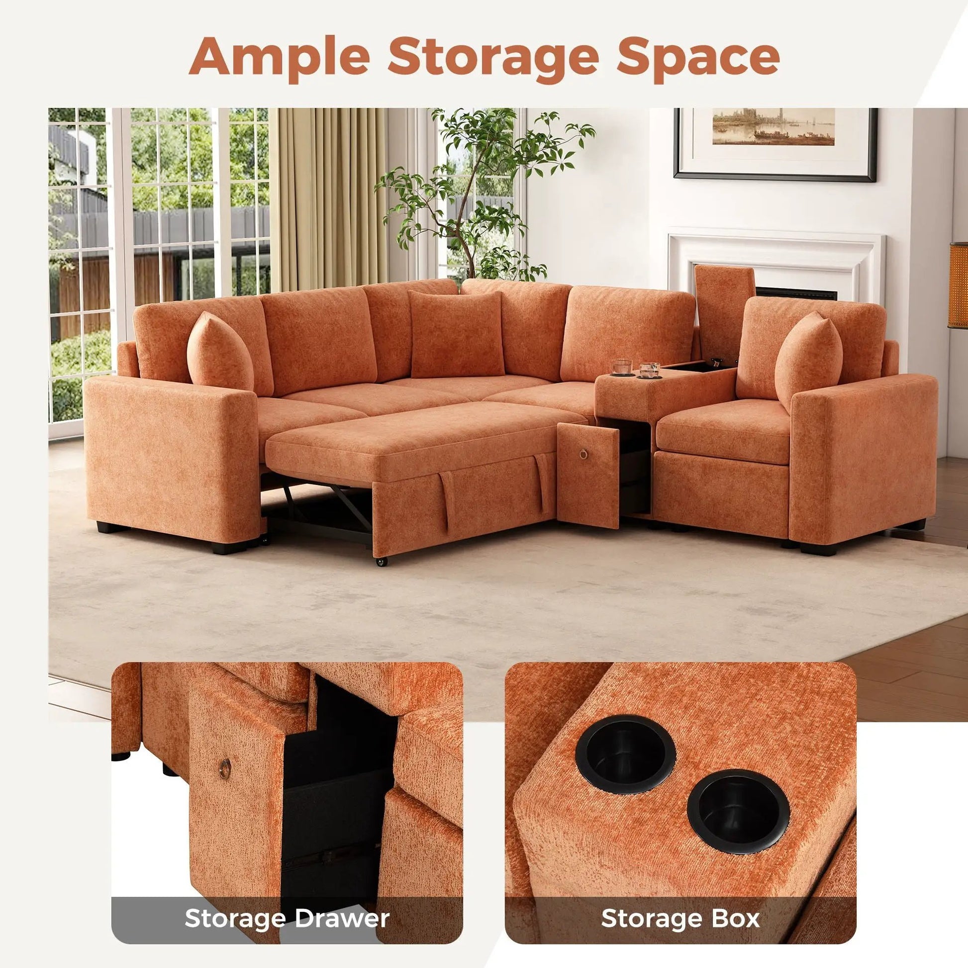 Modular L-shaped sectional sofa bed in orange fabric with cup holders and storage drawer on Tampa Home & Garden Store