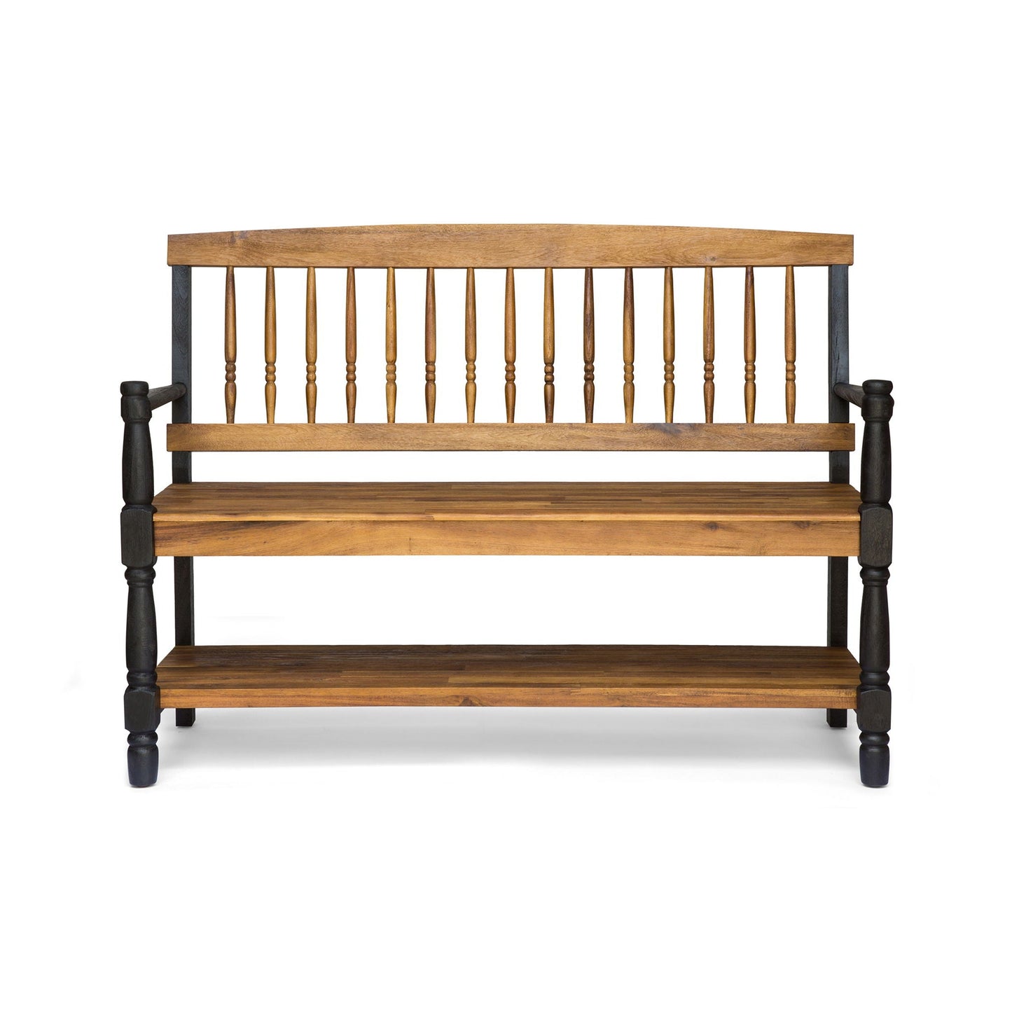 Slatted bench with built-in shelf in natural wood finish with black legs by HouseOfZazla on Tampa Home & Garden Store