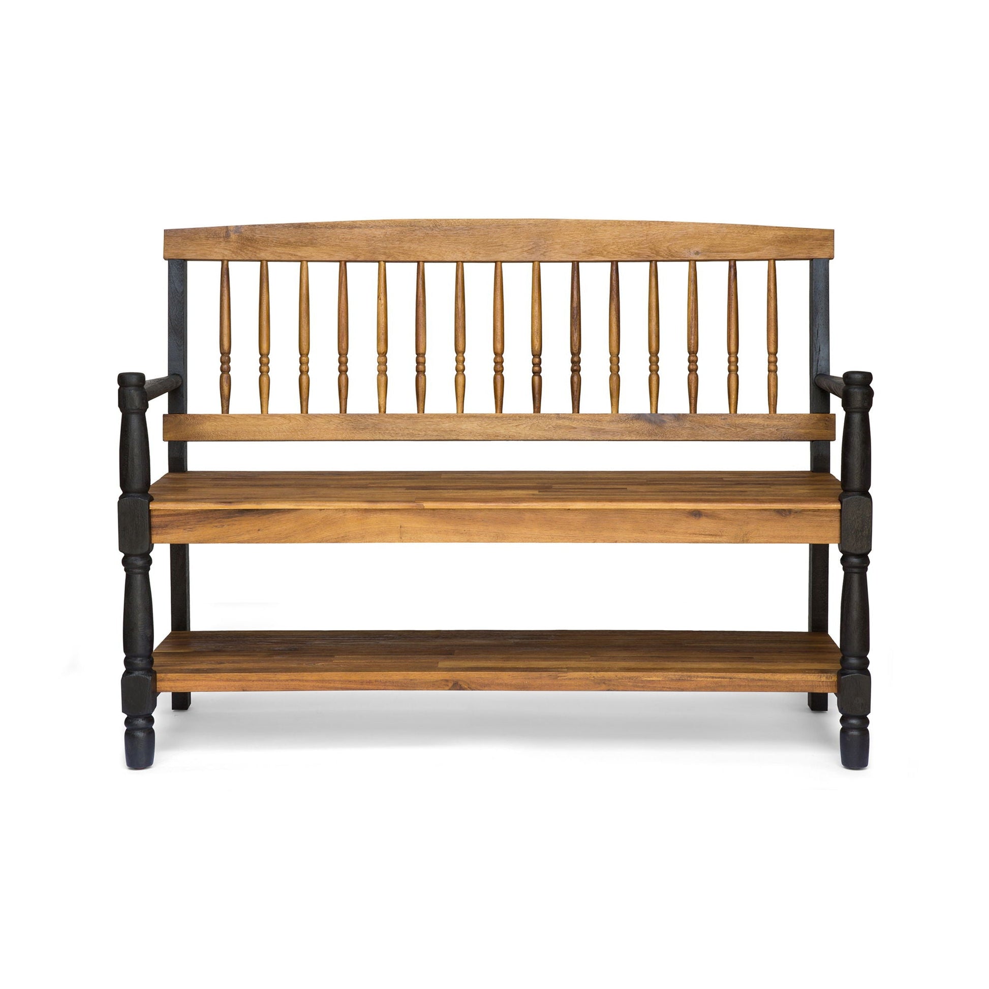 Slatted bench with built-in shelf in natural wood finish with black legs by HouseOfZazla on Tampa Home & Garden Store