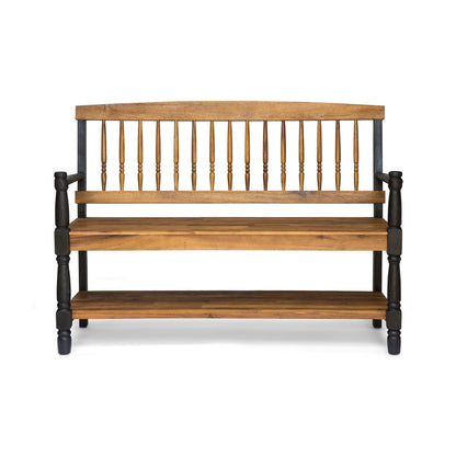 Slatted bench with built-in shelf in natural wood finish with black legs by HouseOfZazla on Tampa Home & Garden Store