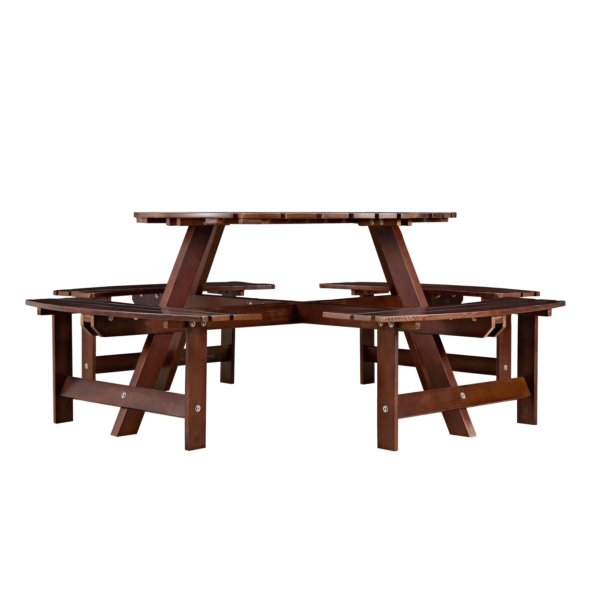 Outdoor 8-person round picnic table with built-in benches in brown wood HouseOfZazla on Tampa Home & Garden Store