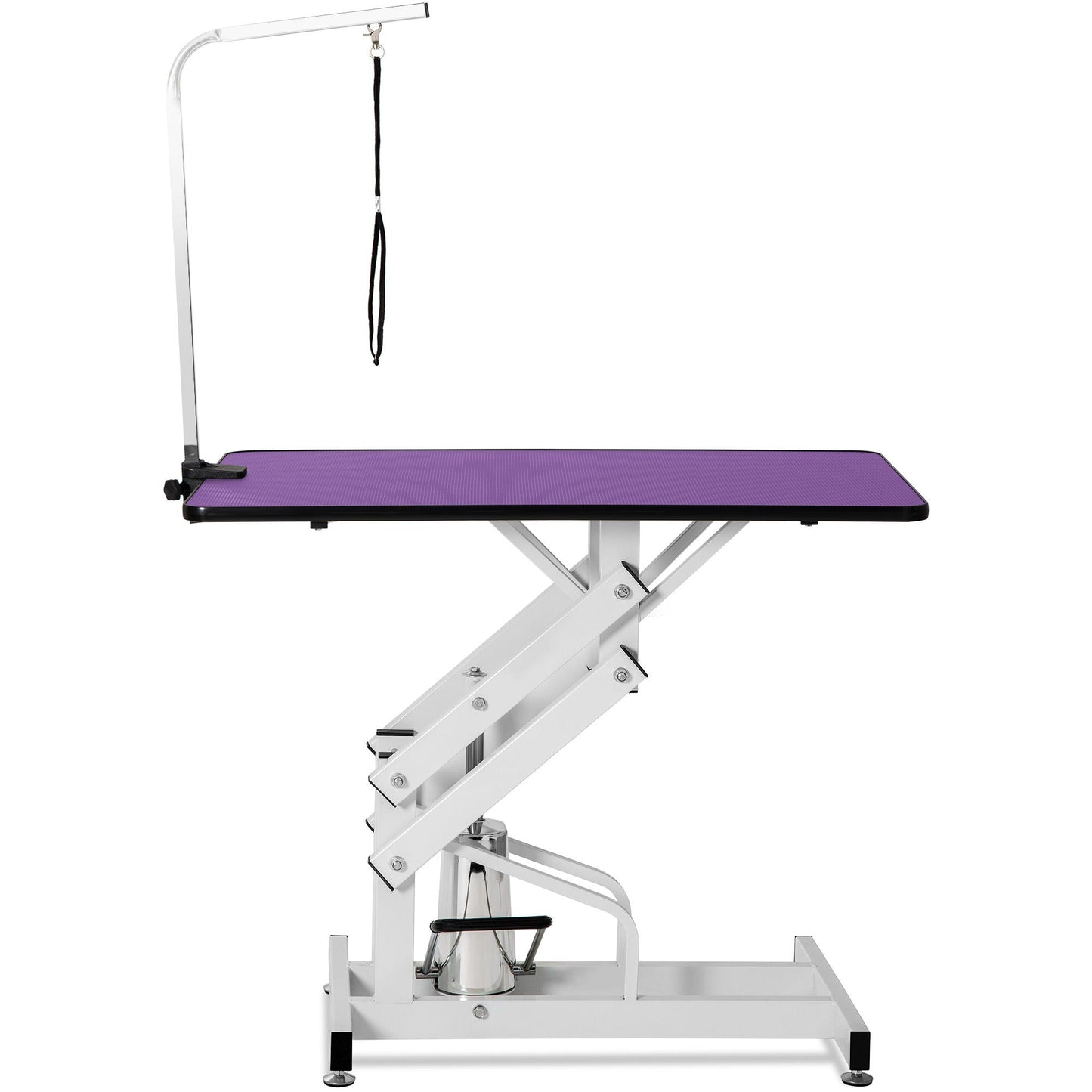 Hydraulic pet grooming table with purple textured top, chrome frame, and overhead arm on Tampa Home & Garden Store