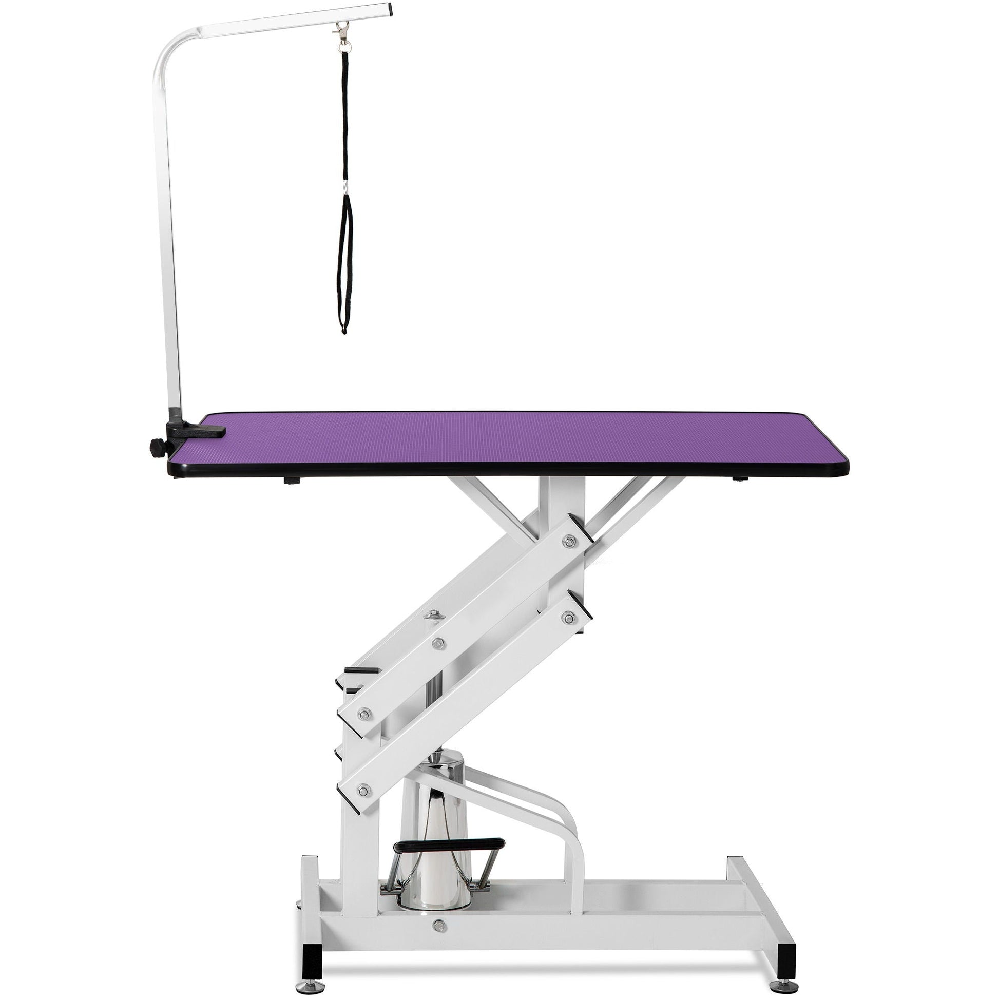 Hydraulic pet grooming table with purple textured top, chrome frame, and overhead arm on Tampa Home & Garden Store