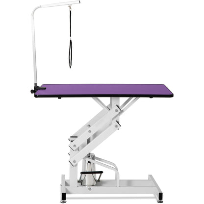 Hydraulic pet grooming table with purple textured top, chrome frame, and overhead arm on Tampa Home & Garden Store