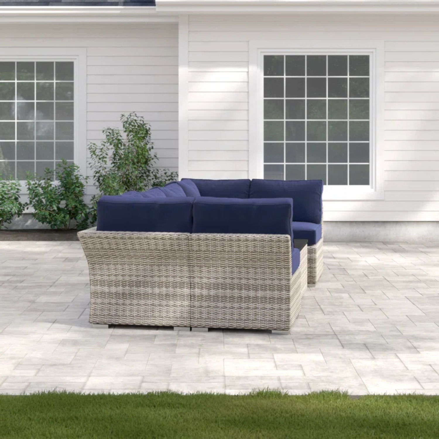 Wicker sectional sofa with navy cushions and matching table, 2-piece outdoor set HouseOfZazla on Tampa Home & Garden Store