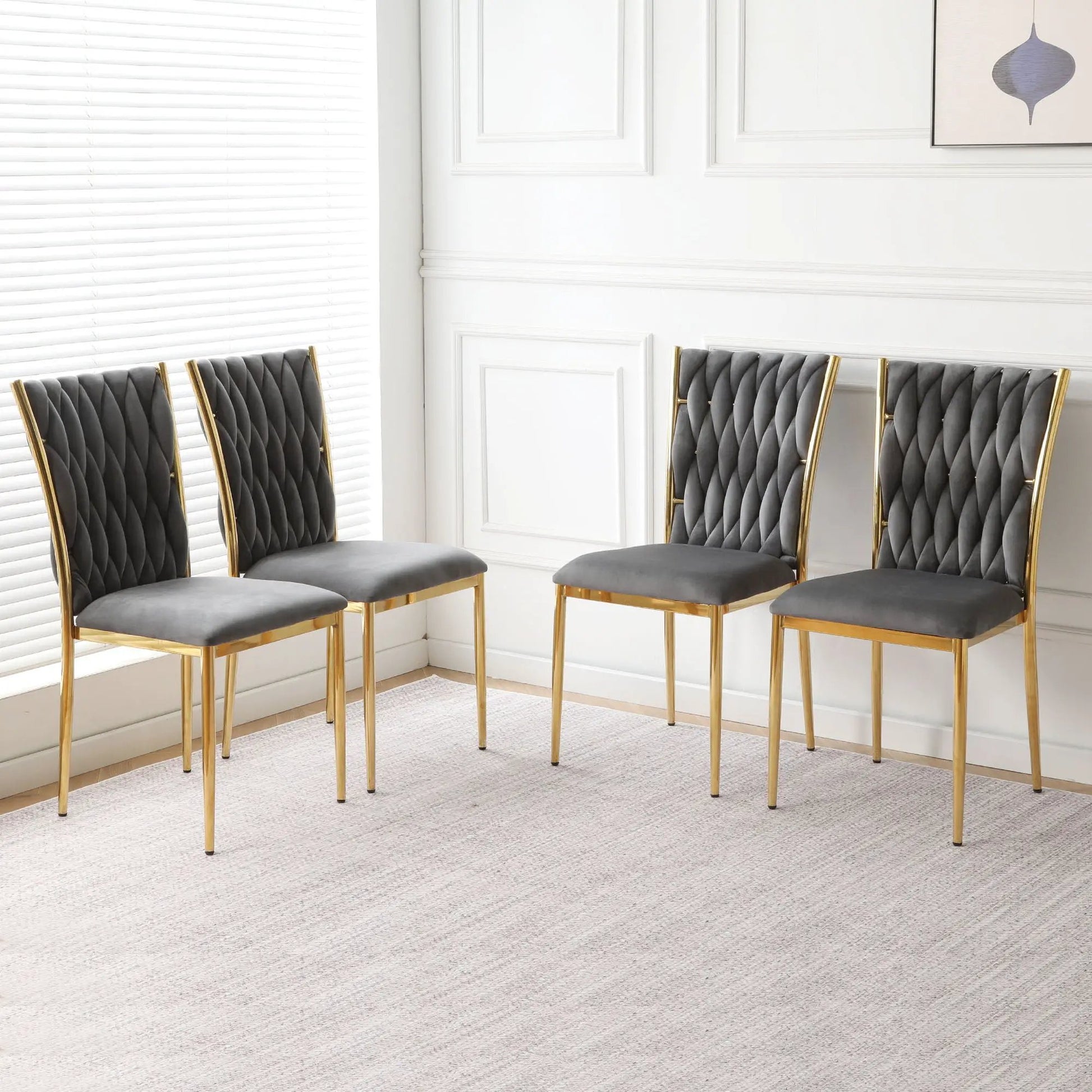Modern dining chairs with gray tufted seats and gold legs, five-piece set on Tampa Home & Garden Store