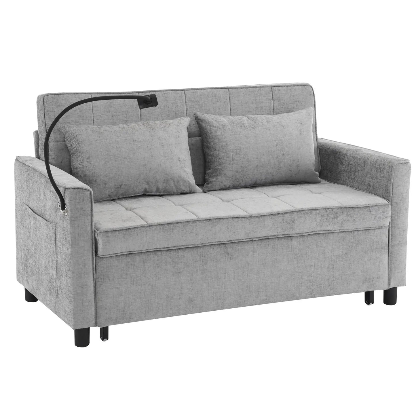 Pull-out sleeper loveseat in gray with reversible back cushions, side pockets and USB ports on Tampa Home & Garden Store