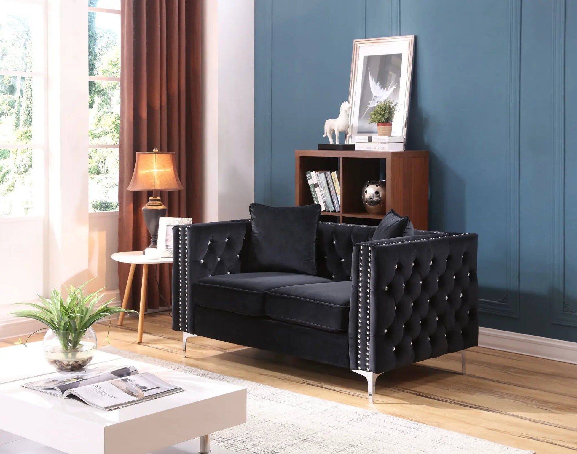 Elegant Track Arm Loveseat by Unique Piece in black velvet with nailhead trim on Tampa Home & Garden Store