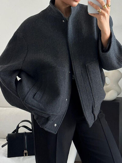 Stevvex dark charcoal drop-shoulder jacket with snap-front and front pockets, full size on Tampa Home & Garden Store