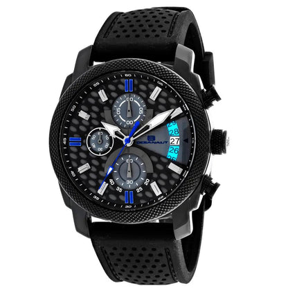 Oceanaut Kryptonite men's watch with black textured bezel, blue accents and perforated strap on Tampa Home & Garden Store