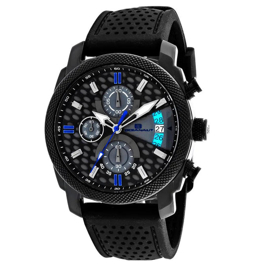 Oceanaut Kryptonite men's watch with black textured bezel, blue accents and perforated strap on Tampa Home & Garden Store