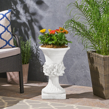 MGO Garden Urn Planter white pedestal urn with orange and yellow gerberas on Tampa Home & Garden Store