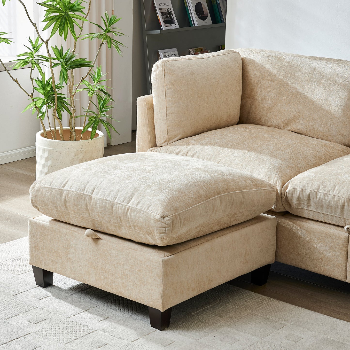 96.5in L-shaped sectional sofa with ottoman beige fabric upholstery by HouseOfZazla on Tampa Home & Garden Store