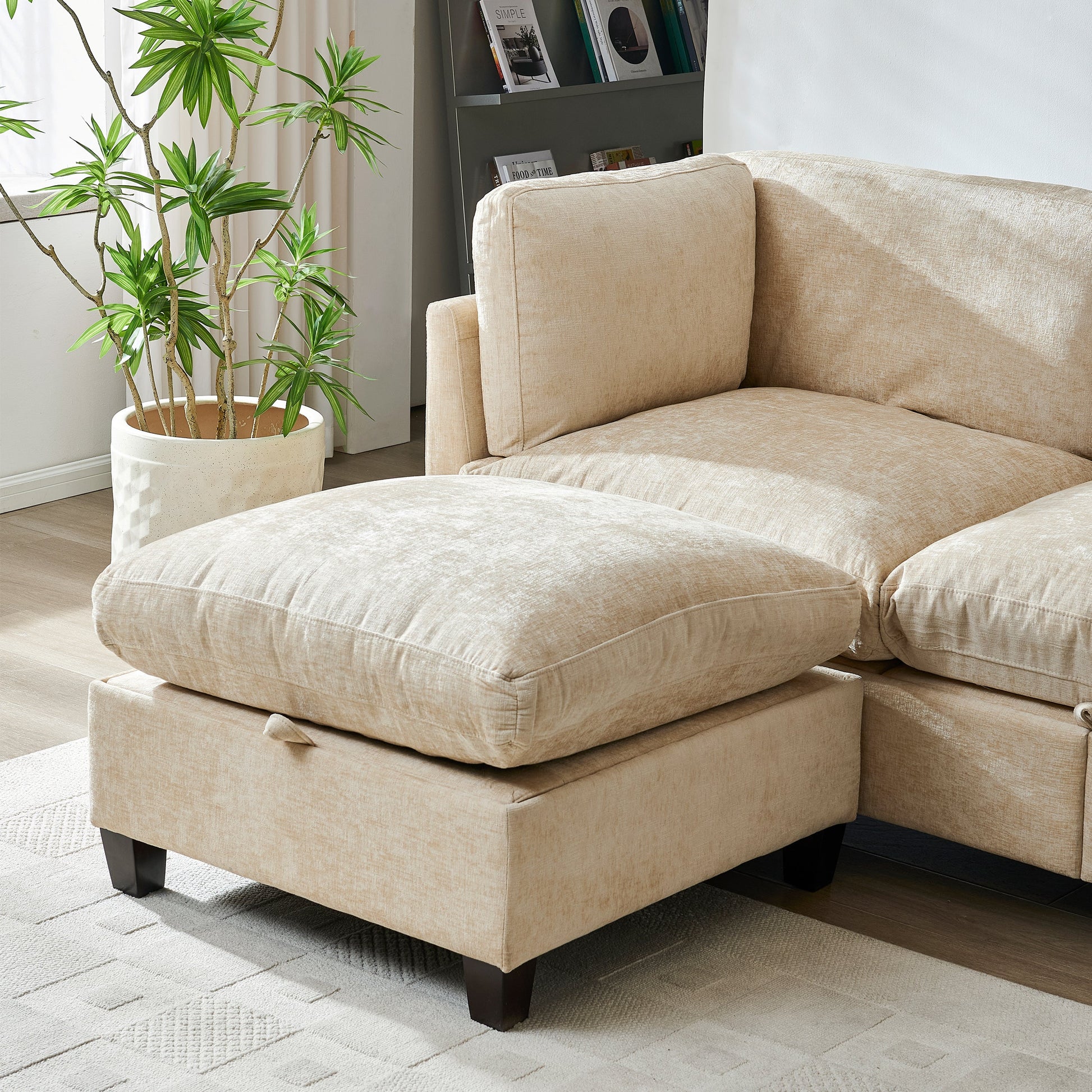96.5in L-shaped sectional sofa with ottoman beige fabric upholstery by HouseOfZazla on Tampa Home & Garden Store