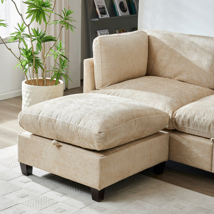 96.5in L-shaped sectional sofa with ottoman beige fabric upholstery by HouseOfZazla on Tampa Home & Garden Store