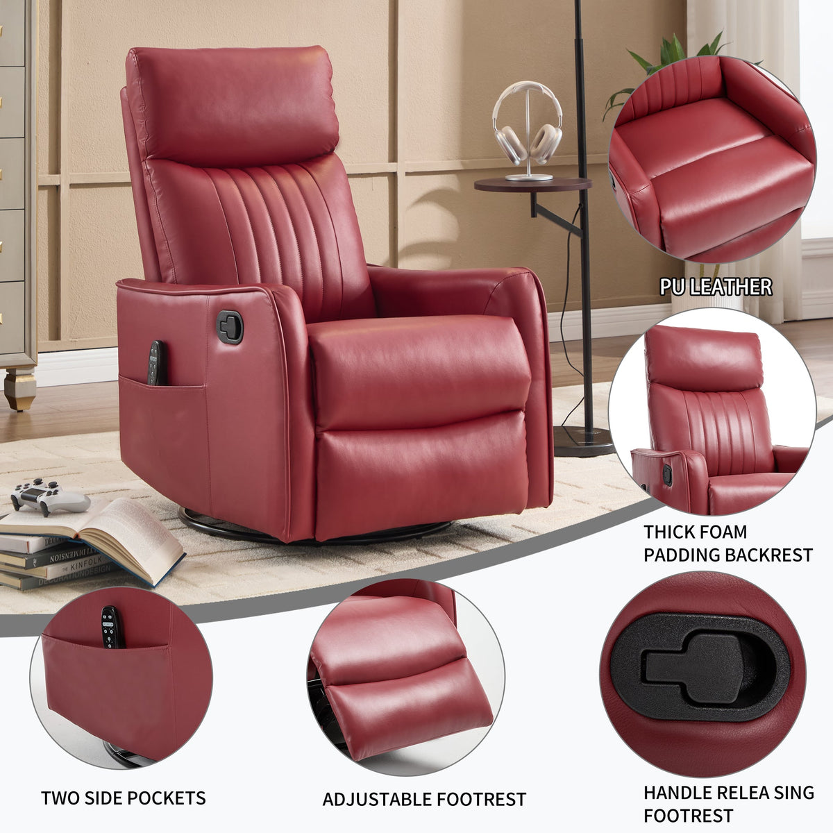 Red faux leather heat massage manual recliner chair with rocker and swivel by HouseOfZazla on Tampa Home & Garden Store