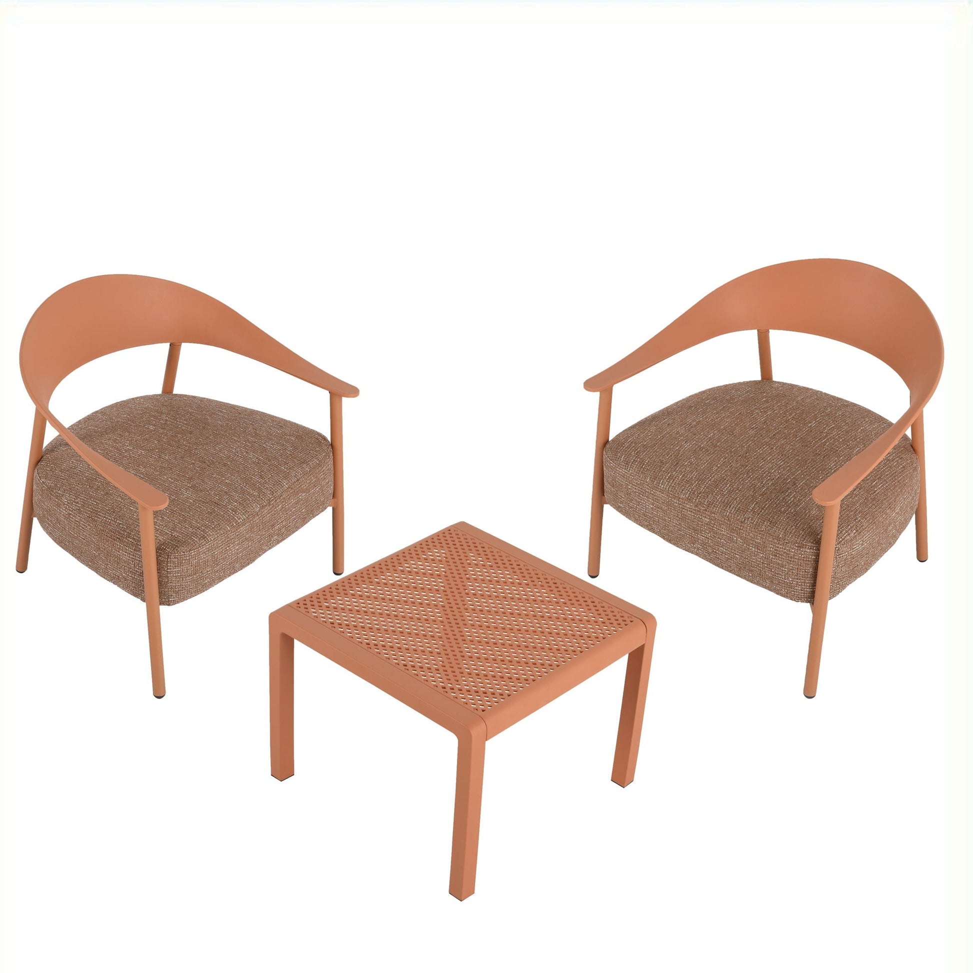 3 Piece Outdoor Set by HouseOfZazla with peach orange metal frames and brown woven cushions on Tampa Home & Garden Store