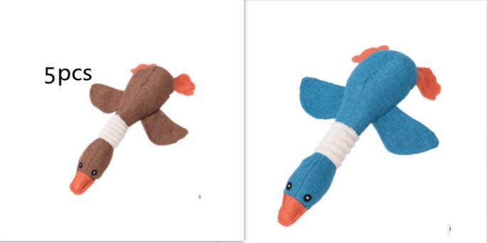 Plush Dayan dog toy pair in brown and blue with orange beak, squeaky puzzle toy on Tampa Home & Garden Store
