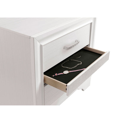 Annie 4 Piece Bedroom Set dresser in whitewashed wood with silver handles, jewelry in drawer on Tampa Home & Garden Store